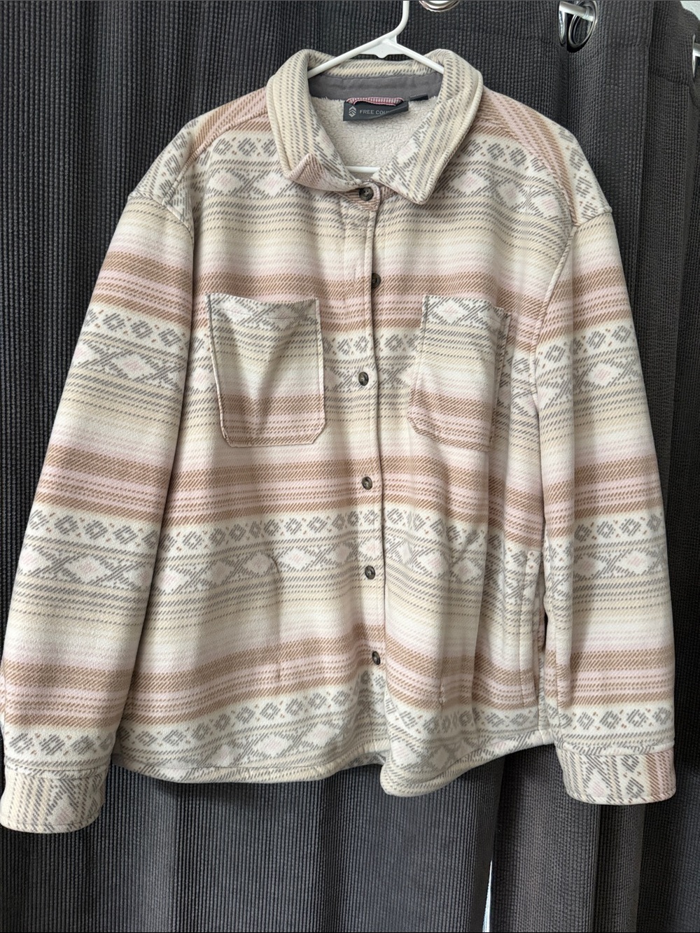 Striped Snap-Front Fleece Shacket in Blush Pink, Cream & Light Gray